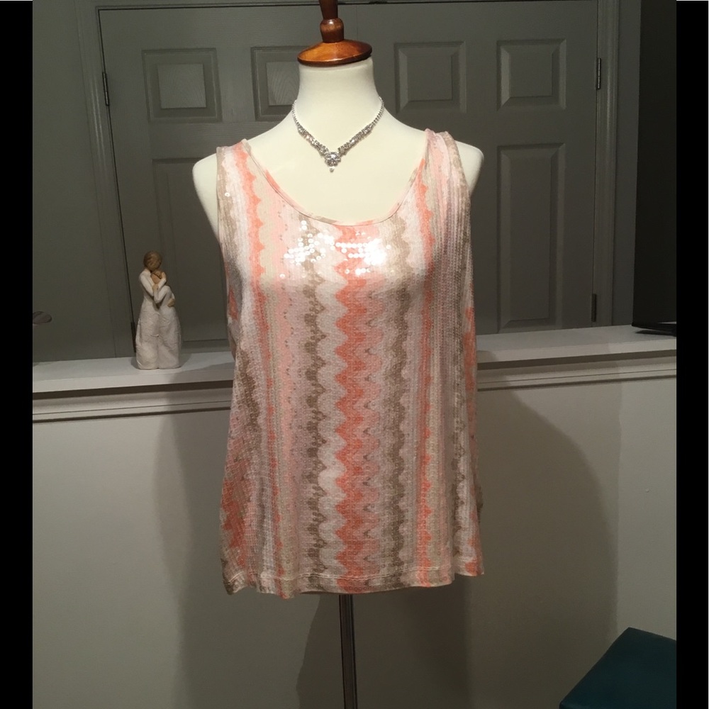 Ruby Rd. Pink Coral and Cream Sequin Wave Tank Top